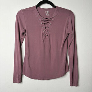 Sweet Tea Purple Plum Criss Cross Riveted Lace-Up Front Long Sleeve Top Size XS